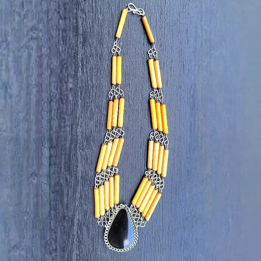 Vintage Peruvian Smokey Quartz Bamboo Bead Choker Necklace